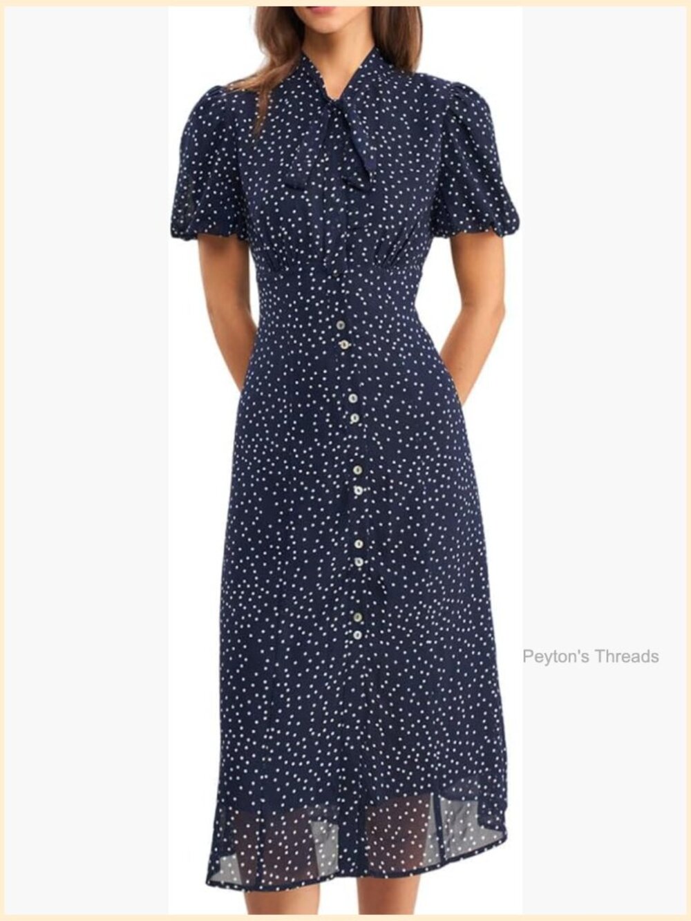 Vintage Polka Dot Midi Dress - Tie Neck Lantern Sleeve A-Line with Ruched & Slit
